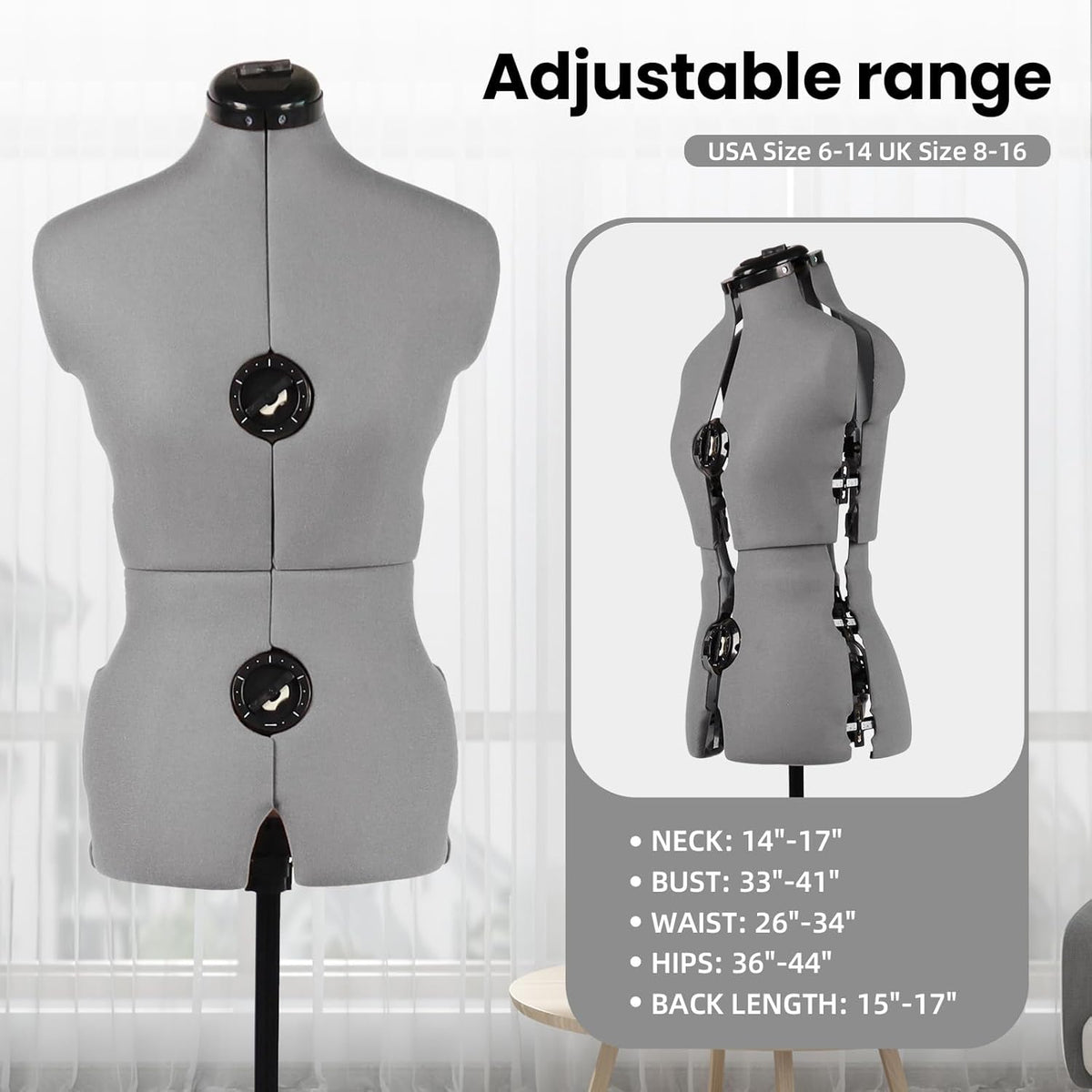 Gray Female Adjustable Dress Form Mannequin Size 6-14