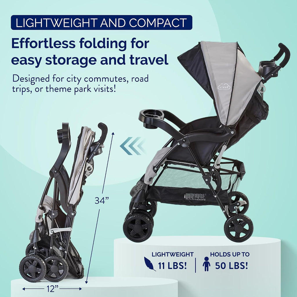Kolcraft Cloud Plus Lightweight Umbrella Stroller for Toddlers with Reclining Seat, Large Storage Basket, Canopy, Infant & Parent Trays, Compact Fold for Summer Travel, Durable Frame, Slate Gray