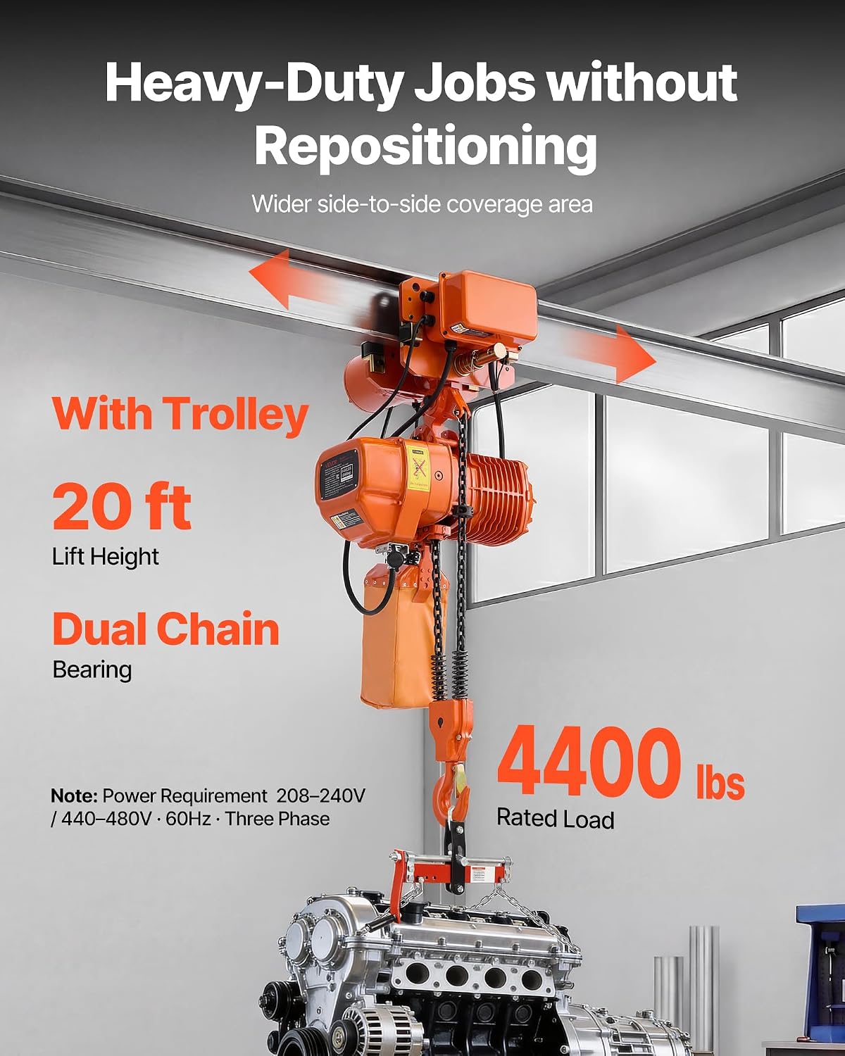 VEVOR 4400lbs Electric Chain Hoist with Power Trolley, 2-Speed Operation, 20ft Lifting Height, 3-Phase 208-240V/440-480V Overhead Crane w/ 328ft Wireless & 16ft Wired Remote Control G100 2-Chain Hoist