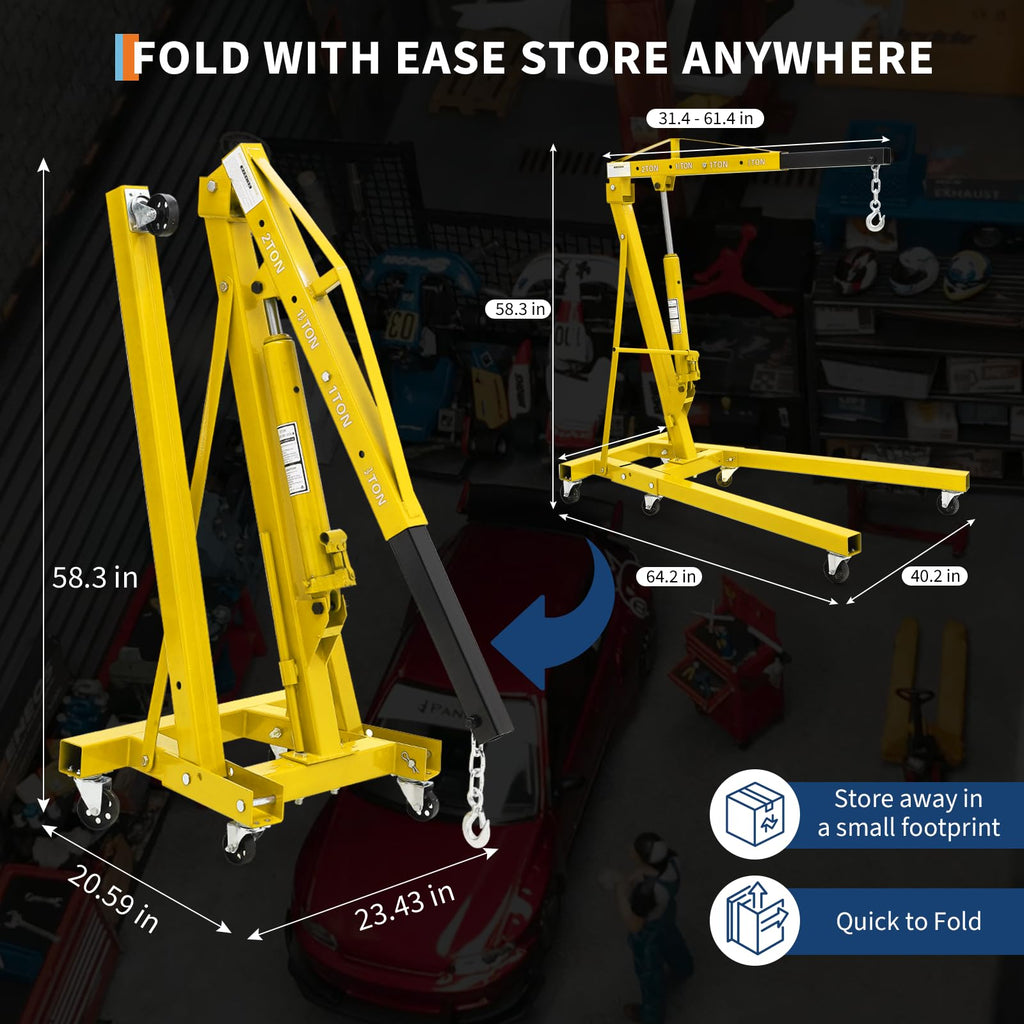 2-Ton Folding Engine Hoist Cherry Picker 4400 Lb Capacity Hydraulic Shop Crane with Telescoping Boom 6 Caster Wheels for Automotive Repair Garage Use Includes Hitch and Storage Stand Orange