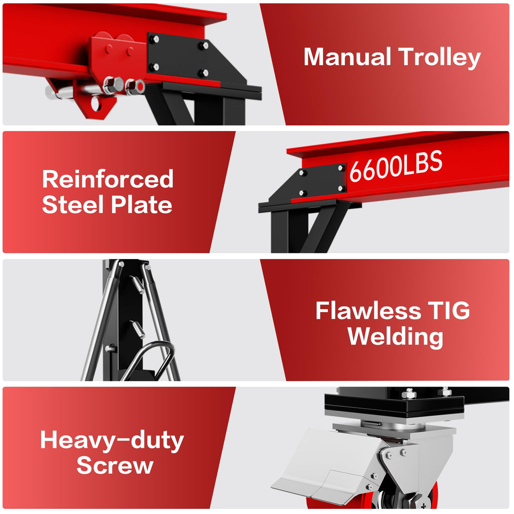 LDHTHOPI 3 Ton Gantry Crane, 6600LBS Adjustable Height 8.53 to 12.47ft with Triangle Base, Portable I-Beam Hoist for Factory, Warehouse, Auto Repair & Construction,Red
