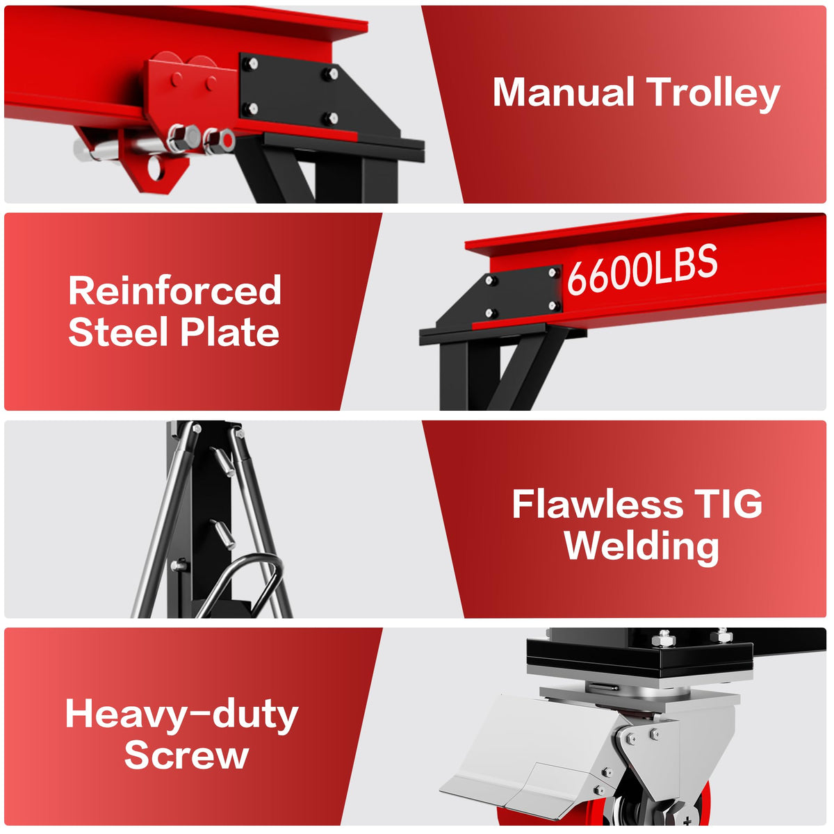 LDHTHOPI 3 Ton Gantry Crane, 6600LBS Adjustable Height 8.53 to 12.47ft with Triangle Base, Portable I-Beam Hoist for Factory, Warehouse, Auto Repair & Construction,Red