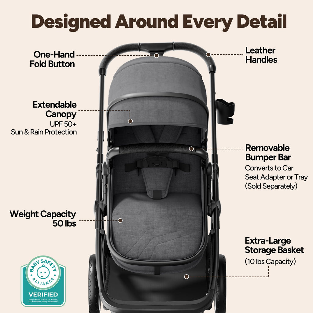 Mompush Wiz 2-in-1 Bassinet Stroller Reversible Seat, One-Hand Fold, Sage