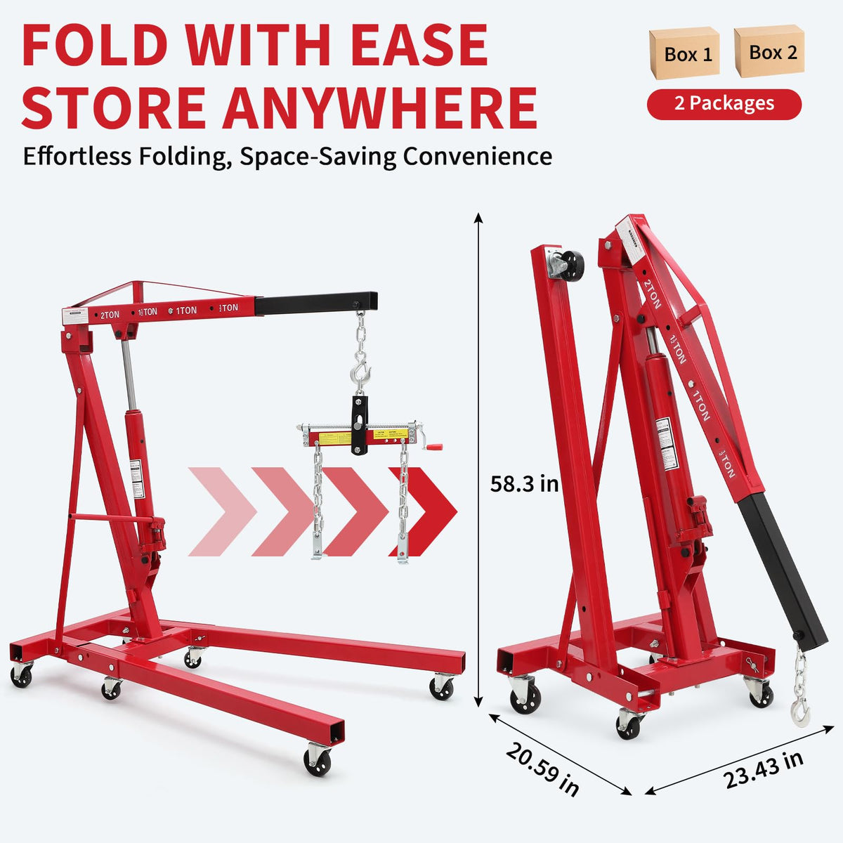2-Ton Folding Engine Hoist Cherry Picker 4400 Lb Capacity Hydraulic Shop Crane with Telescoping Boom 6 Caster Wheels for Automotive Repair Garage Use Includes Hitch and Storage Stand Orange