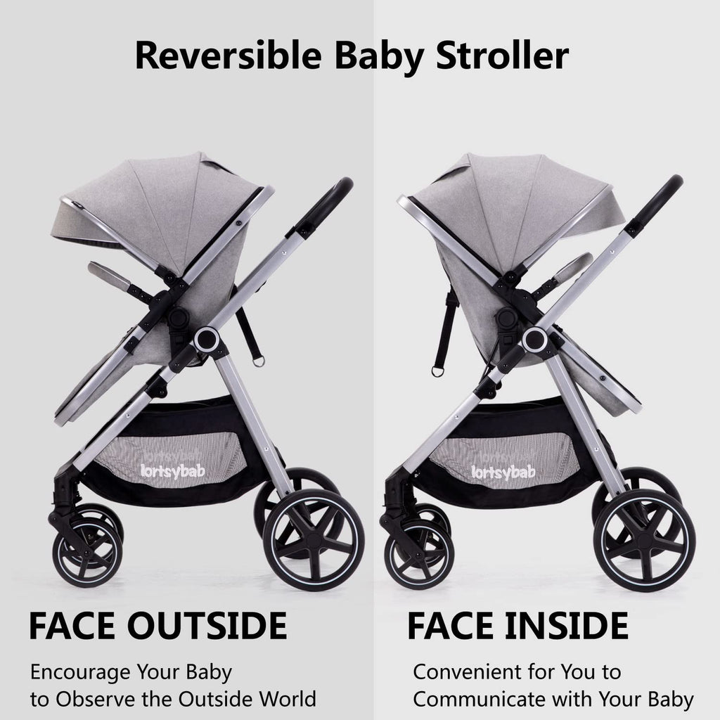 Lortsybab 2-in-1 Baby Stroller - Folding Infant Newborn Pram Stroller with Reversible Seat - Toddler Strollers for 0-36 Months Old Babies