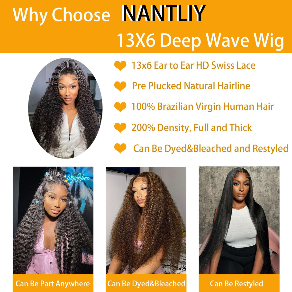 13x6 Deep Wave Lace Front Wigs - 200% Density HD Transparent Frontal Wigs - Glueless, Pre-Plucked with Baby Hair - Natural Black (30Inch)
