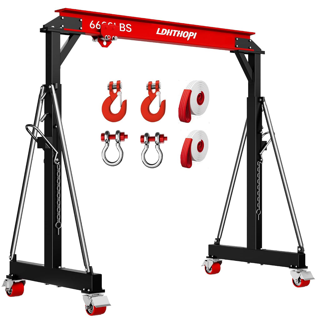LDHTHOPI 3 Ton Gantry Crane, 6600LBS Adjustable Height 8.53 to 12.47ft with Triangle Base, Portable I-Beam Hoist for Factory, Warehouse, Auto Repair & Construction,Red