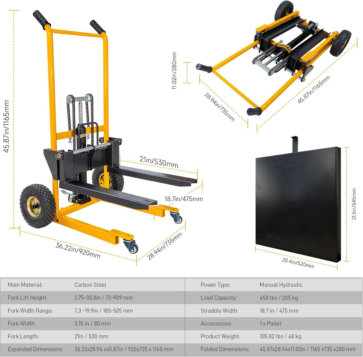 MMS Foldable Hydraulic Material Lift Winch Stacker, 450 Lbs 35.8" Max Lift w/ 9" Wheels 360Â° Swivel Casters, Pallet Truck Dolly, Fork Lift Table Cart, Pallet Jack, Removable Platform, Adjustable Forks