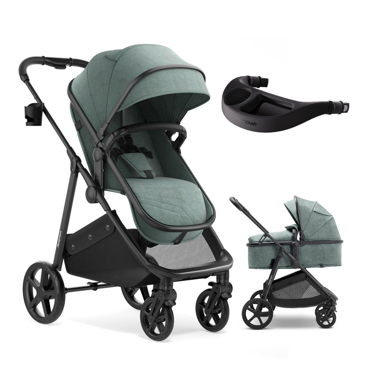 Mompush Wiz 2-in-1 Bassinet Stroller Reversible Seat, One-Hand Fold, Sage