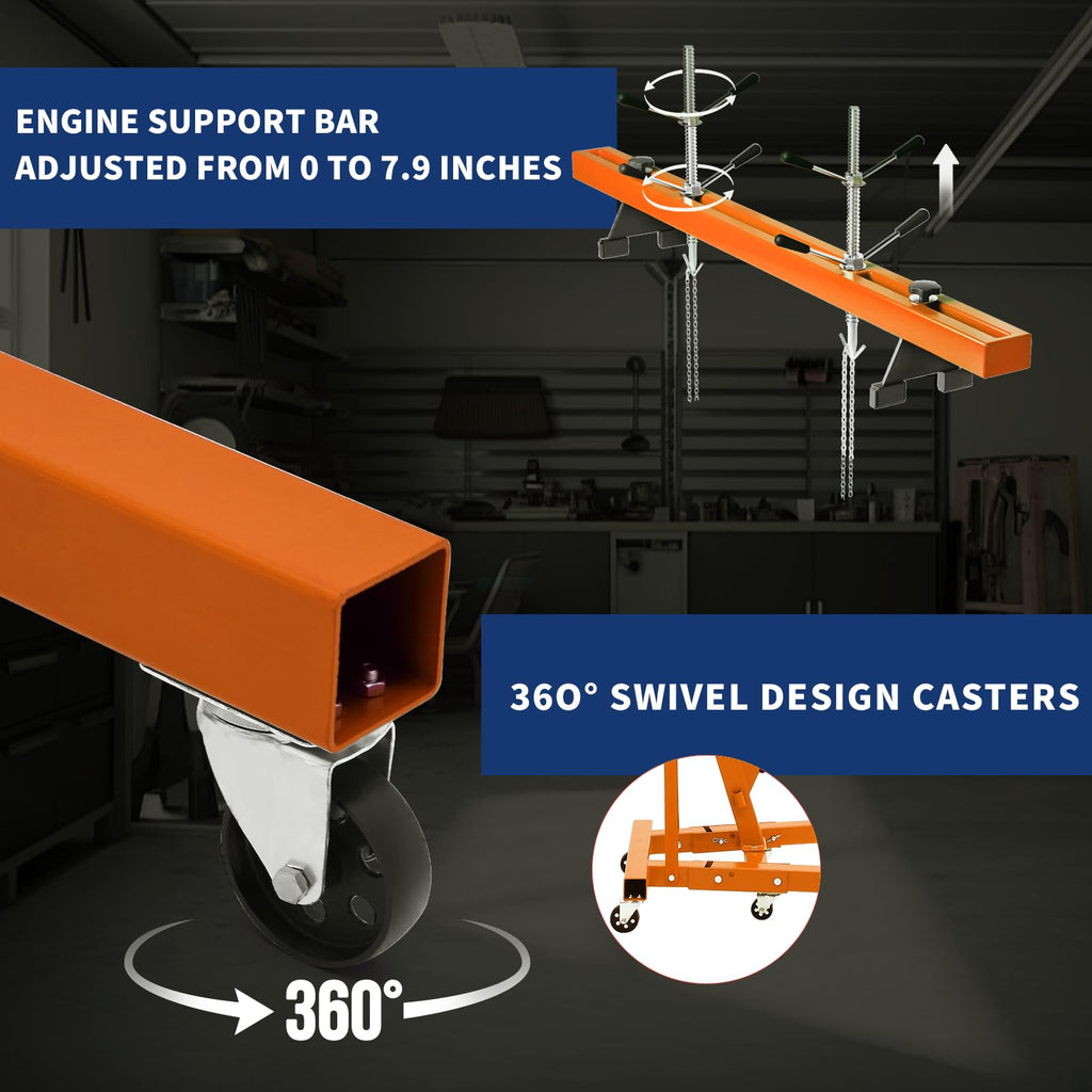 2-Ton Folding Engine Hoist Cherry Picker 4400 Lb Capacity Hydraulic Shop Crane with Telescoping Boom 6 Caster Wheels for Automotive Repair Garage Use Includes Hitch and Storage Stand Orange