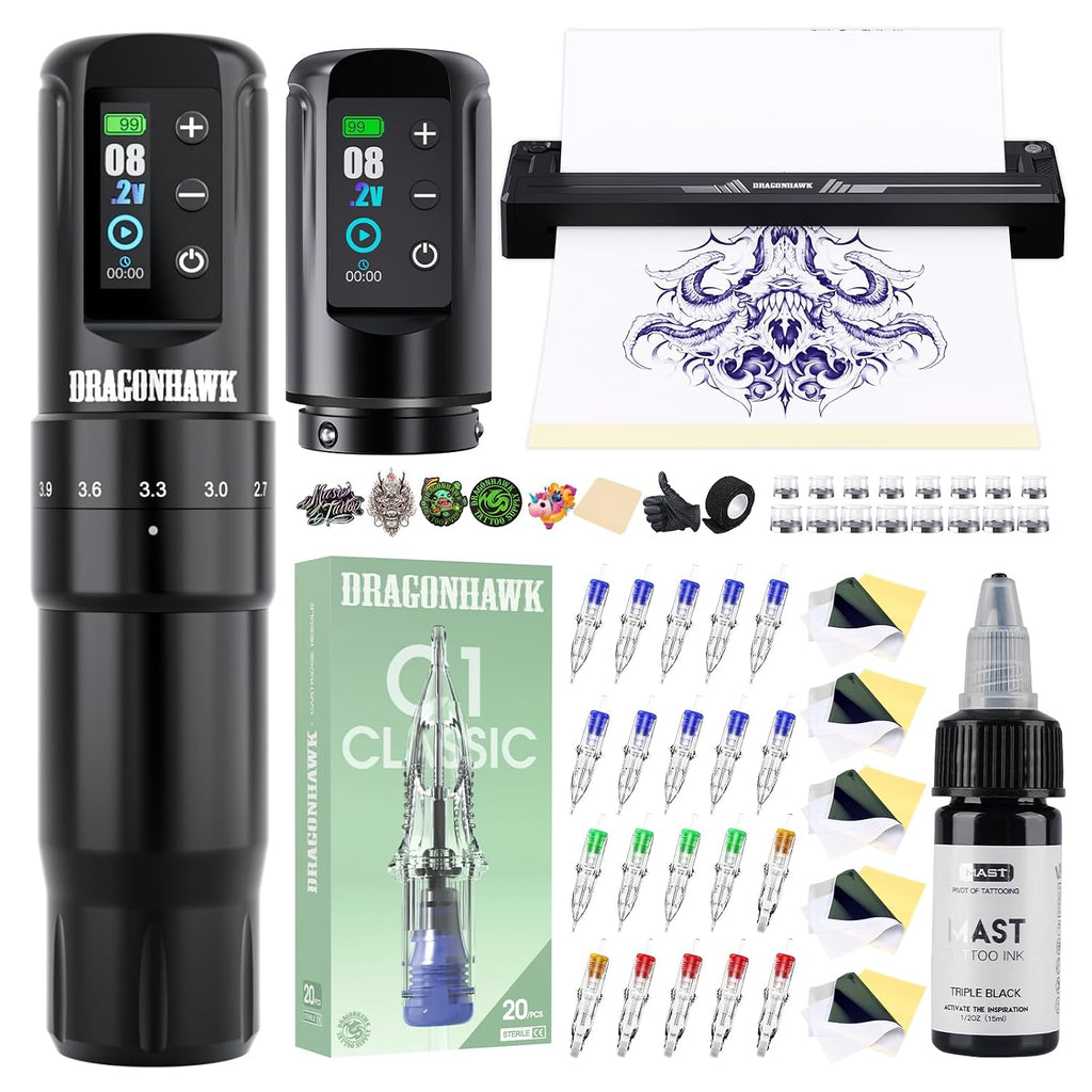 Dragonhawk Atom2 Pro Wireless Tattoo Kit with A4 Thermal Stencil Printer