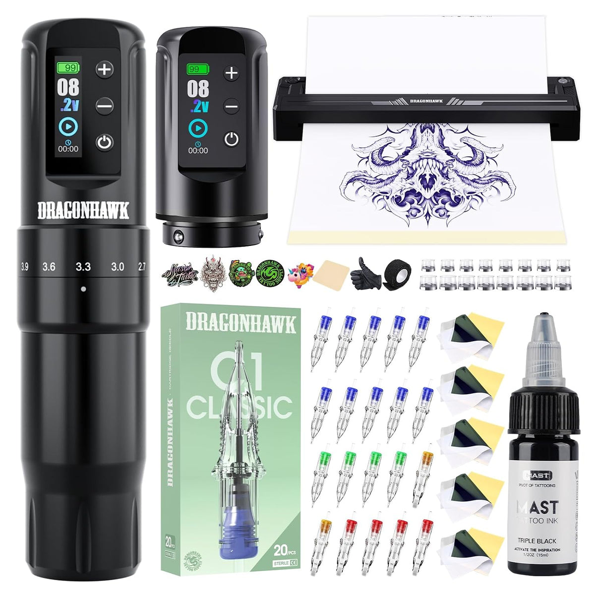 Dragonhawk Atom2 Pro Wireless Tattoo Kit with A4 Thermal Stencil Printer