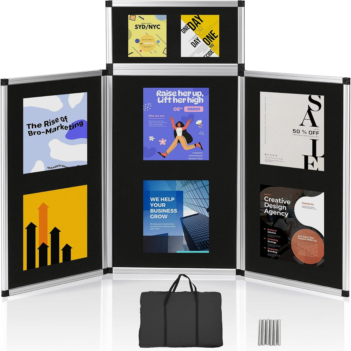 LITTLE TREE 3+1 Panel Trade Show Presentation Board, 70.8" x 35.4" Portable Panel Display, Folding Exhibition Boards Double Sided Tabletop Display Black Hook & Loop-Receptive Fabric with Bag