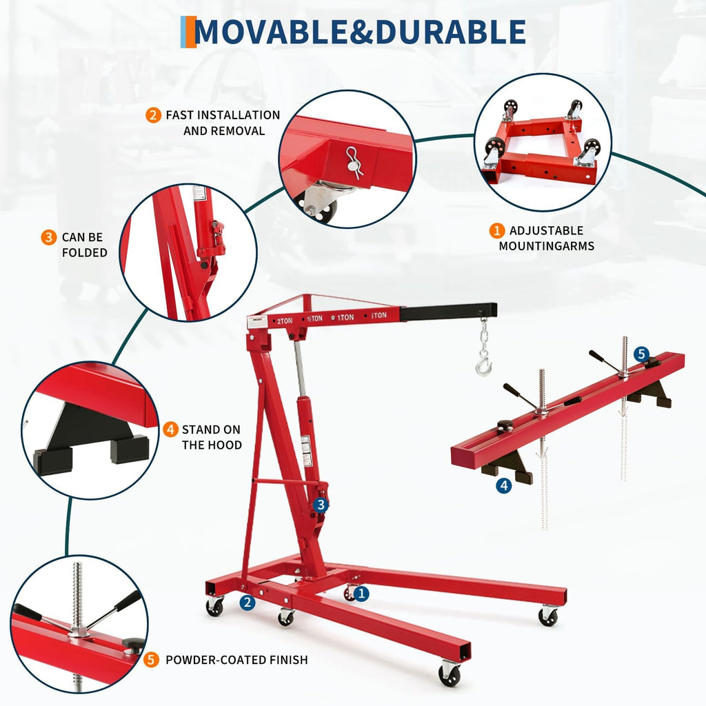 2-Ton Folding Engine Hoist Cherry Picker 4400 Lb Capacity Hydraulic Shop Crane with Telescoping Boom 6 Caster Wheels for Automotive Repair Garage Use Includes Hitch and Storage Stand Orange