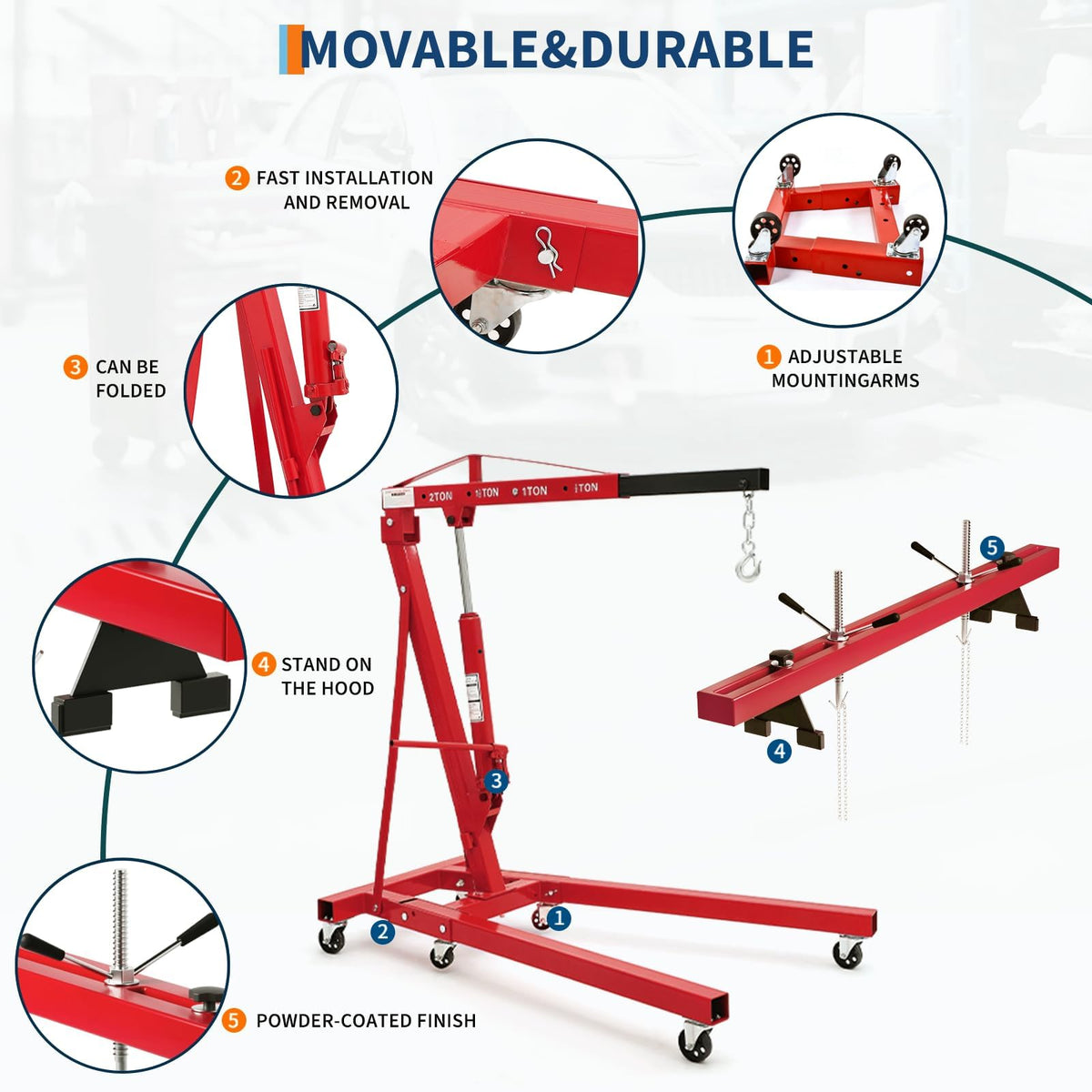 2-Ton Folding Engine Hoist Cherry Picker 4400 Lb Capacity Hydraulic Shop Crane with Telescoping Boom 6 Caster Wheels for Automotive Repair Garage Use Includes Hitch and Storage Stand Orange