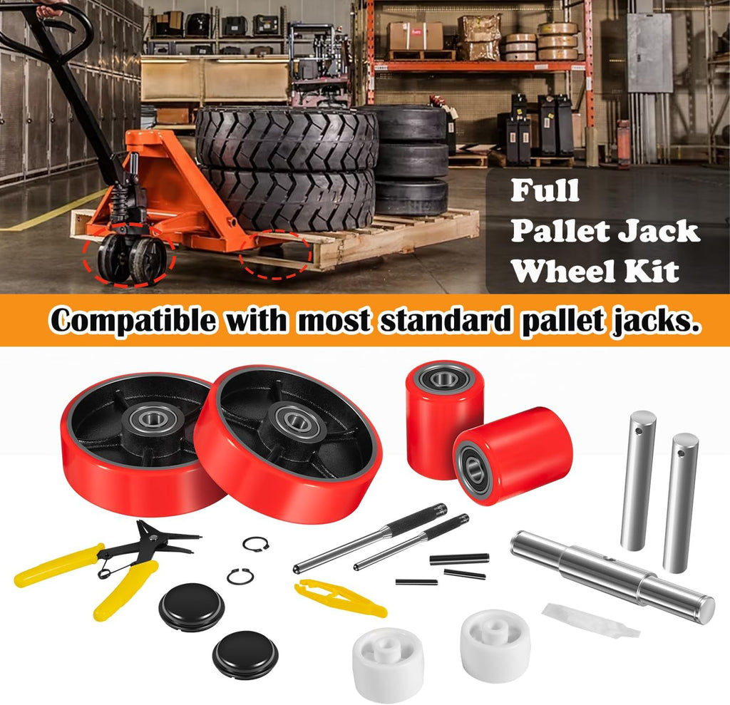 Pallet Jack/Truck Full Wheel Replacement Kit, Pair Steering Wheels (7"x 2"), Pair Front Load Roller(3" x 3.75"), with Pre-Installed Bearings, Axles, 20mm ID Poly Tread, Entry Rollers, Install Tool Kit