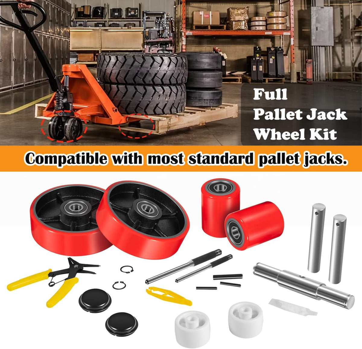 Pallet Jack/Truck Full Wheel Replacement Kit, Pair Steering Wheels (7"x 2"), Pair Front Load Roller(3" x 3.75"), with Pre-Installed Bearings, Axles, 20mm ID Poly Tread, Entry Rollers, Install Tool Kit