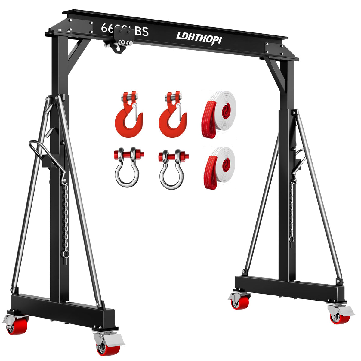 LDHTHOPI 3 Ton Gantry Crane, 6600LBS Adjustable Gantry Crane with 8.53-12.47ft Height, Shop Lift Hoist with Manual Trolley, Hook & Shackles for Warehouse, Factory,Auto Repair & Construction, Red
