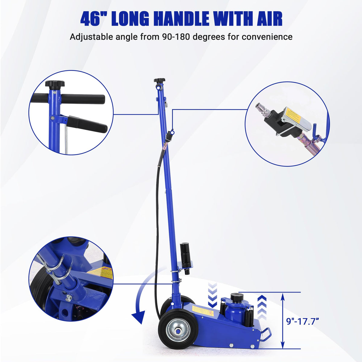 GarveeTech 22 Ton Air Hydraulic Floor Jack for Heavy Duty Trucks & Tractors â Low Profile (9"-17.7"), 4 Adapters, 46" Adjustable Handle â 44,000 Lbs Capacity