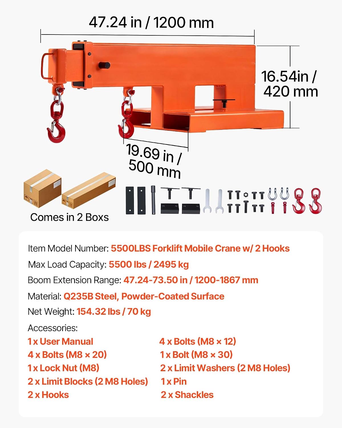 VEVOR Forklift Jib Boom Crane, 5500 lbs Capacity, Forklift Mobile Crane Lifting Hoist with 2 Hooks, Manual Telescopic 47.2-73.5 in, Boom Attachment Towing Handling Equipment for Warehouse & Factories