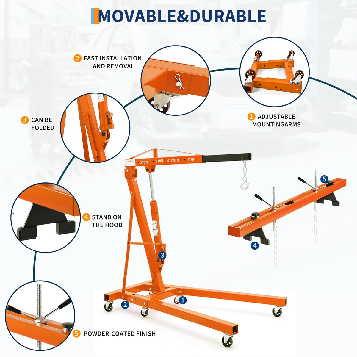 2-Ton Folding Engine Hoist Cherry Picker 4400 Lb Capacity Hydraulic Shop Crane with Telescoping Boom 6 Caster Wheels for Automotive Repair Garage Use Includes Hitch and Storage Stand Orange