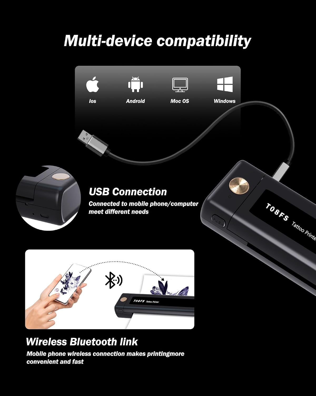 INKSOUL T08FS Wireless Tattoo Transfer Stencil Printer with 5pcs Tattoo Transfer Papers Can Print Shadows Portable Tattoo Machine for Artist & Beginners, Compatible with Phones, Tablets & PC