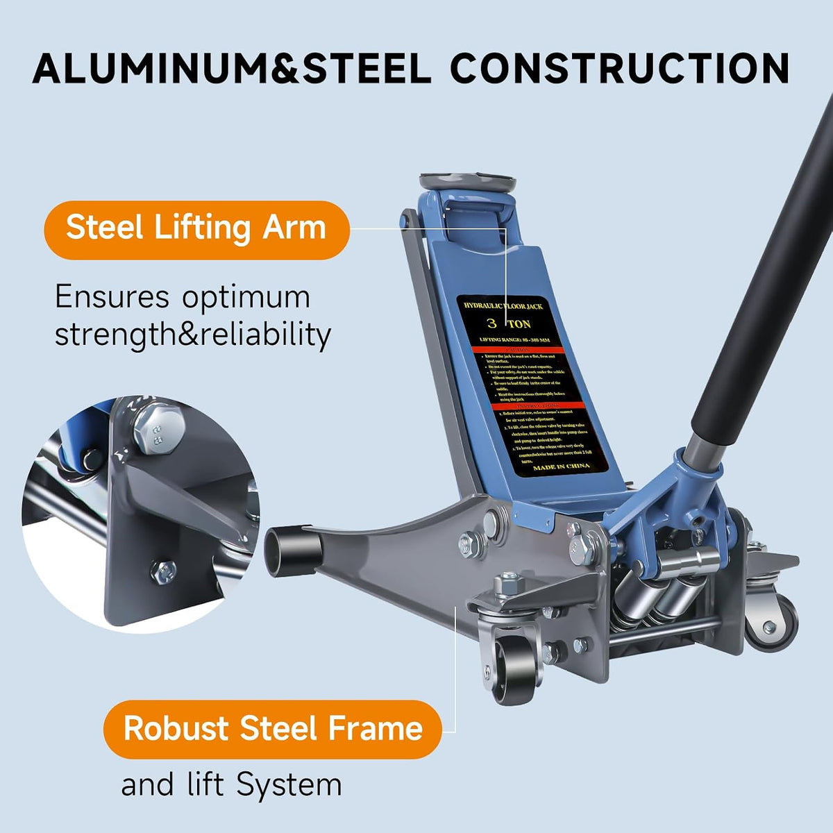 Larbanke 3 Ton Hydraulic 2.87"-19.69" Floor Jack,Dual Piston