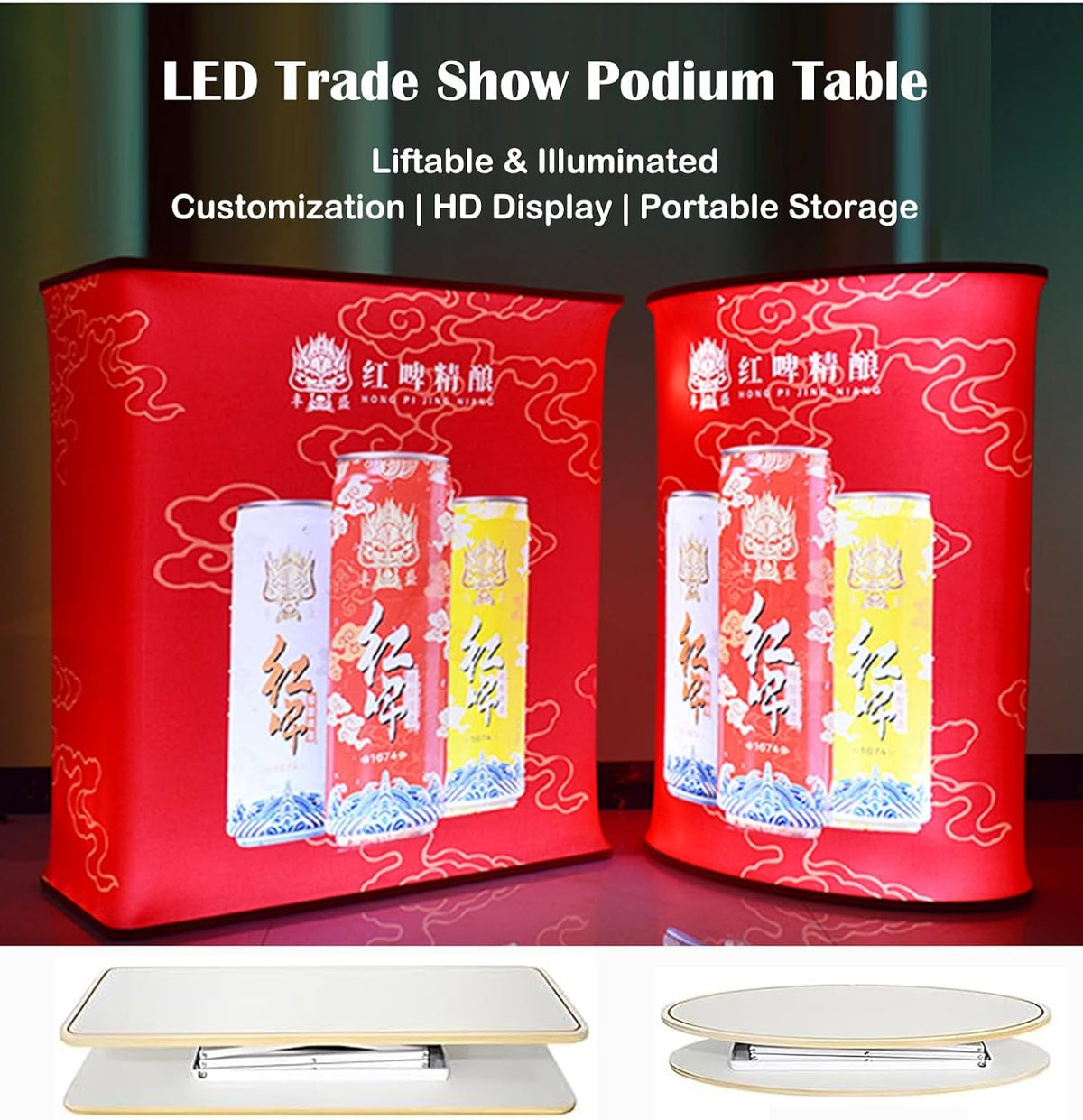Portable Fair Booth Podium Pop up Counter, Custom Banners Foldable Display Table for Trade Show Events, School Shop Retail Reception Desk, No Lights(Elliptical,5pcs)