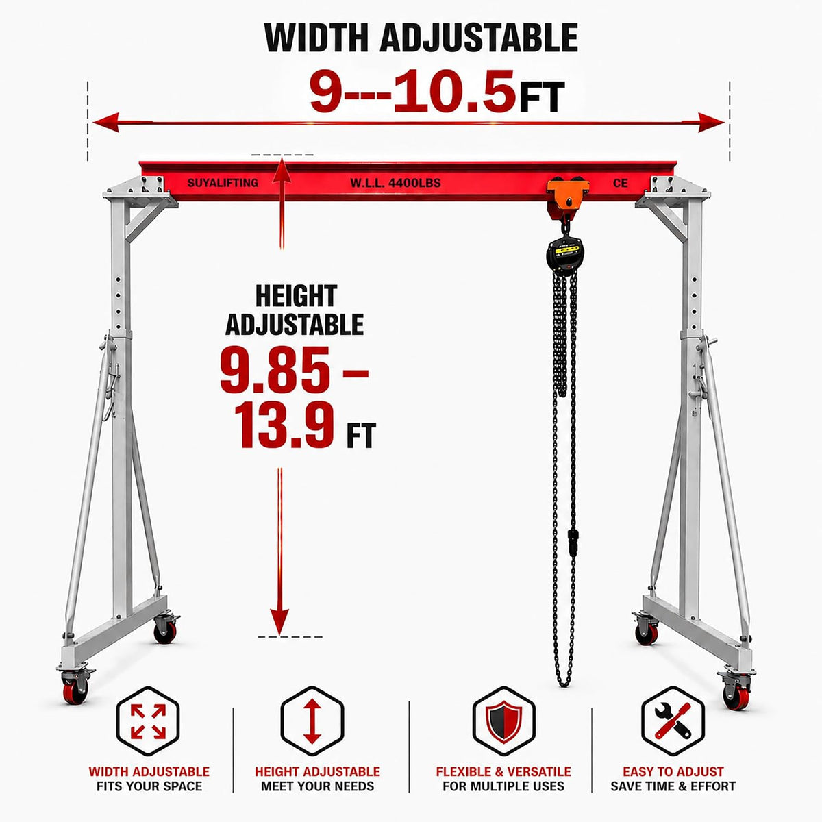 Portable Gantry Crane, 4400 LBS/2 Ton Load Capacity, 10.5 FT Wide, 9.85â13.9 FT Adjustable Height, Heavy Duty Chain Lift Shop Crane with Trolley & Hoist for Garage, Workshop & Warehouse