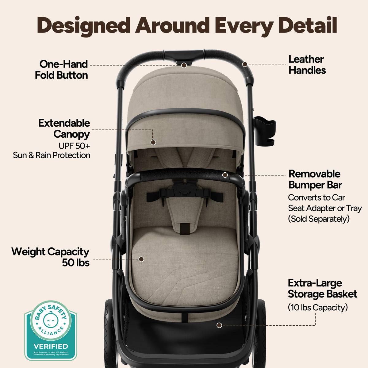 Mompush Wiz 2-in-1 Bassinet Stroller Reversible Seat, One-Hand Fold, Sage