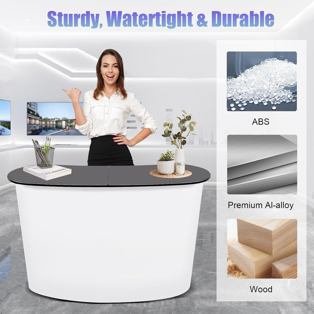 Portable Trade Show Counter, Foldable Pop Up Counter Free-Standing Trade Show Display Podium with 154.3Lbs Load-Bearing Capacity, Streamlined Pull-Net Promotion Table for Shopping Malls Exhibitions
