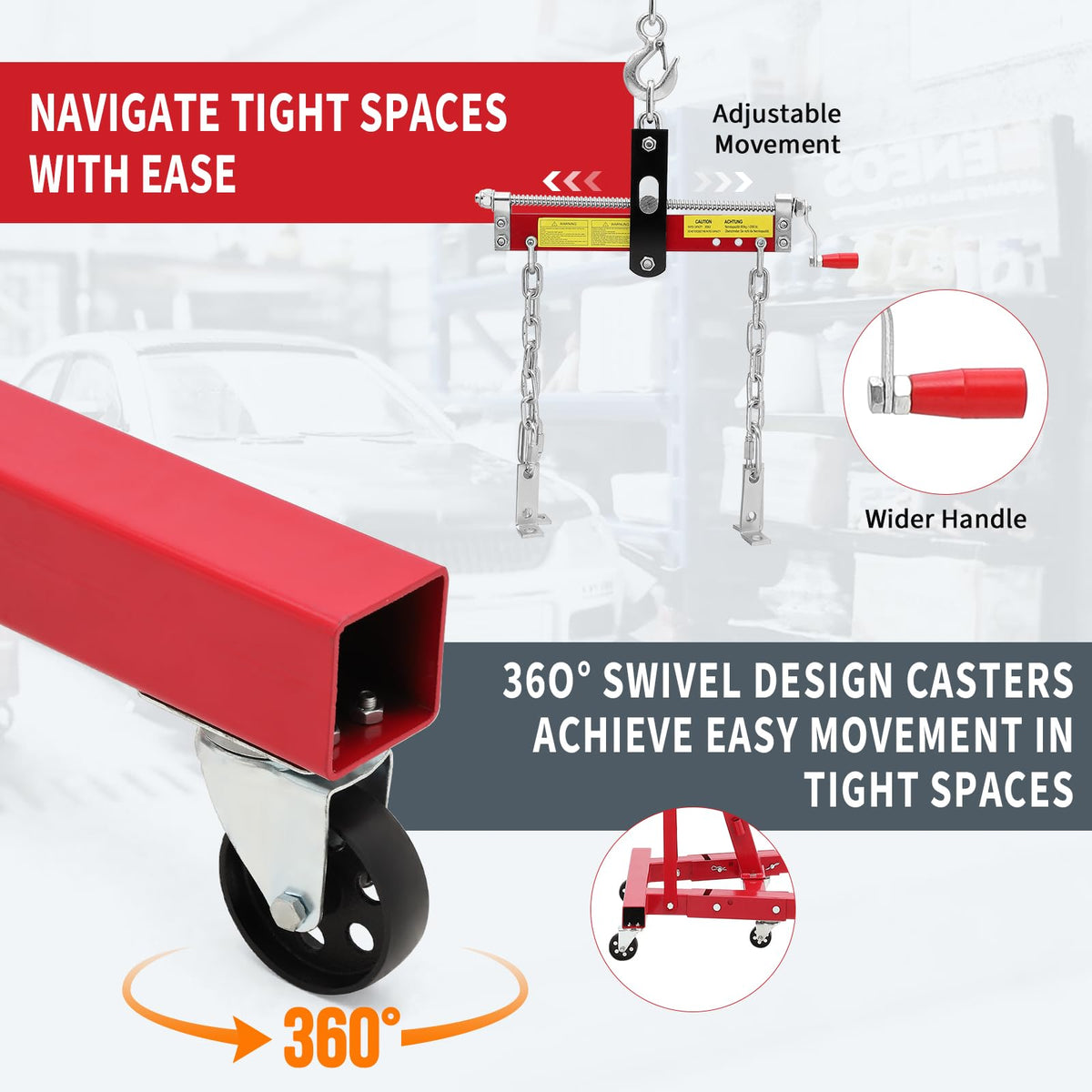 2-Ton Folding Engine Hoist Cherry Picker 4400 Lb Capacity Hydraulic Shop Crane with Telescoping Boom 6 Caster Wheels for Automotive Repair Garage Use Includes Hitch and Storage Stand Orange