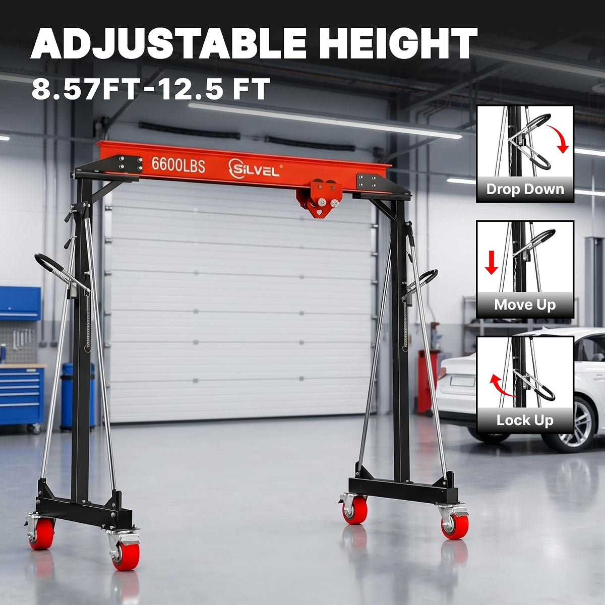 SILVEL 3 Ton Gantry Crane 6600LBS, Adjustable Height 8.53-12.47FT Heavy Duty Portable Engine Hoist with Steel I-Beam & Manual Trolley for Workshop, Garage, Warehouse,Red