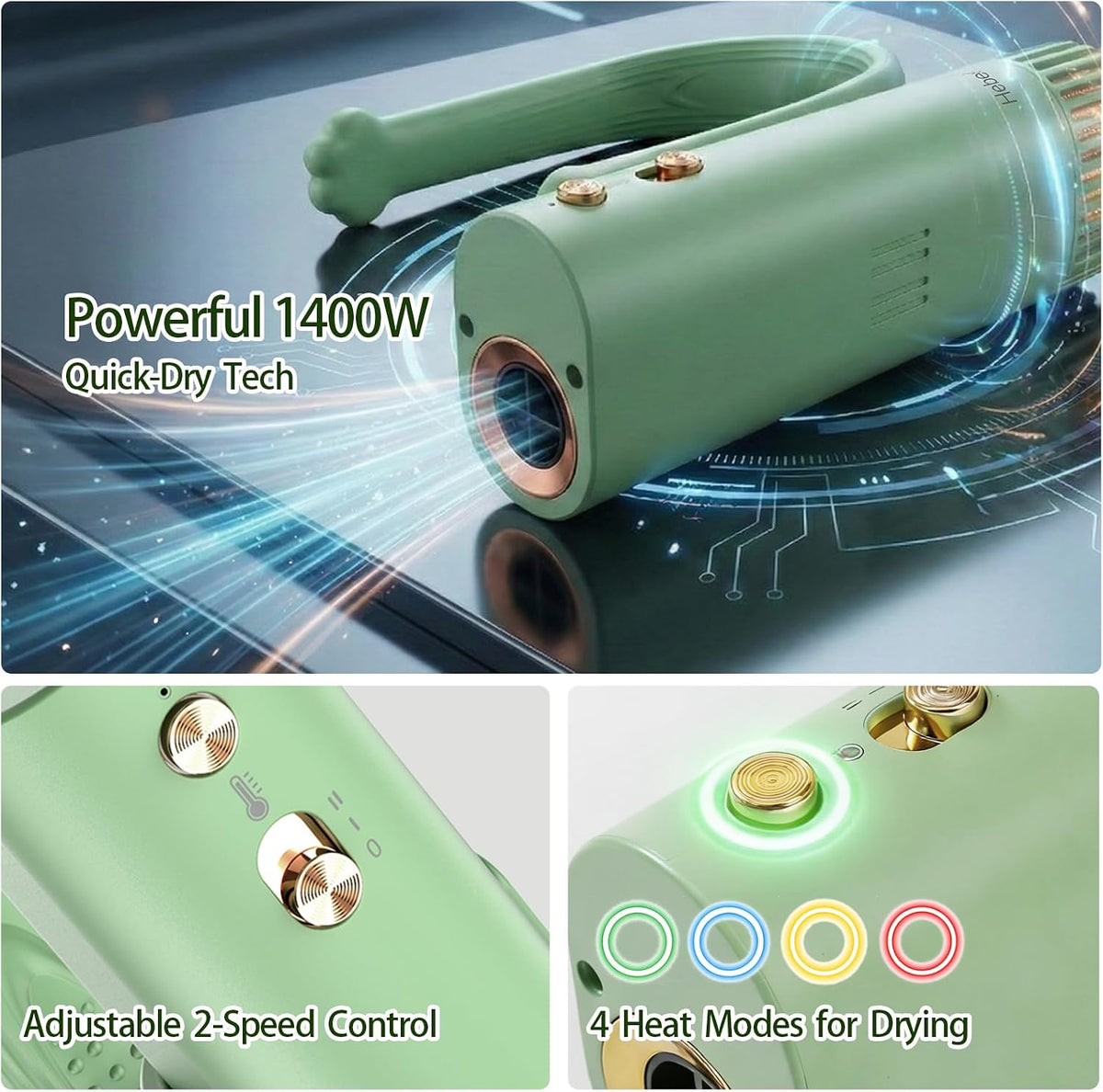 Neck Dryer for Pet Grooming 1400W High Velocity - Hands-Free Neck Band Pet Hair Blow Dryer, Low Noise Negative Ion Pet Grooming Dryer with 4 Heat/Cool Modes Quiet Neck Dryer for Dogs Cats Home & Salon