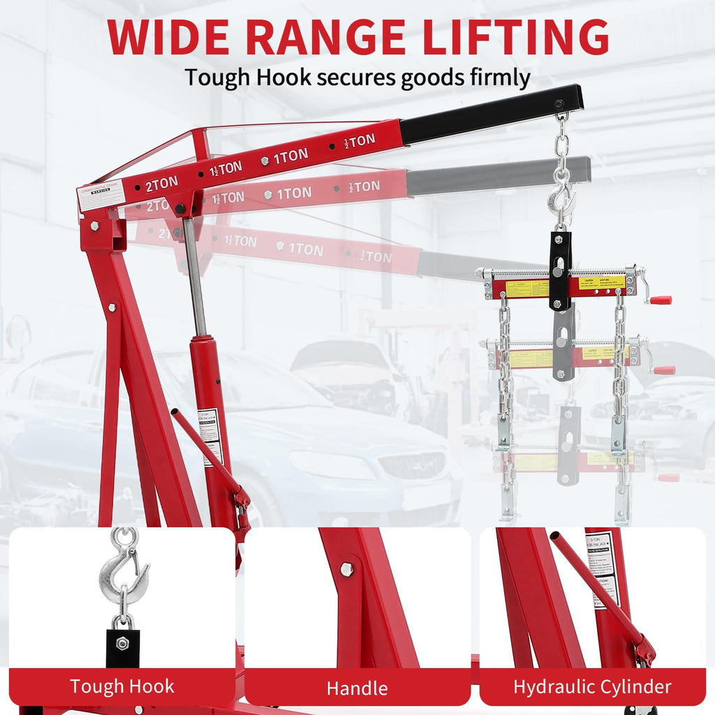 2-Ton Folding Engine Hoist Cherry Picker 4400 Lb Capacity Hydraulic Shop Crane with Telescoping Boom 6 Caster Wheels for Automotive Repair Garage Use Includes Hitch and Storage Stand Orange