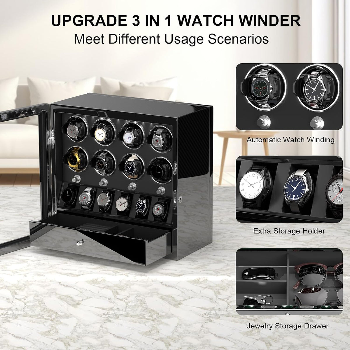 DUKWIN Watch Winder for Automatic Watches, Lockable Watch Winders with Watch and Jewelry Storages, Super Quiet Mabuchi Motor with High-Gloss Piano Lacquer Finish,Built-in Illumination