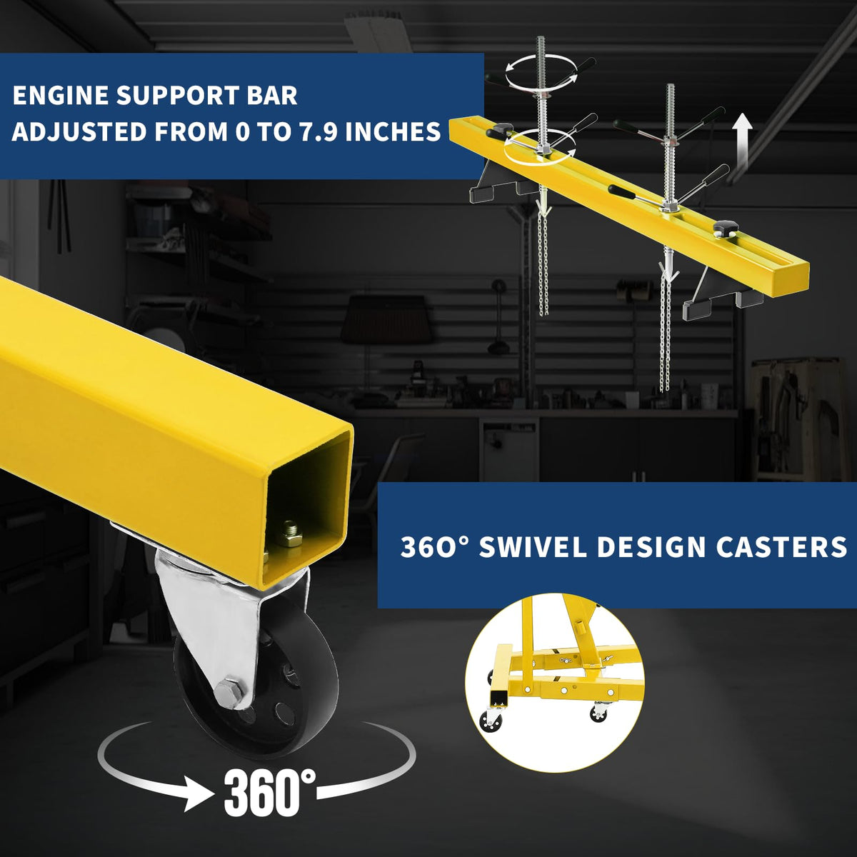 2-Ton Folding Engine Hoist Cherry Picker 4400 Lb Capacity Hydraulic Shop Crane with Telescoping Boom 6 Caster Wheels for Automotive Repair Garage Use Includes Hitch and Storage Stand Orange