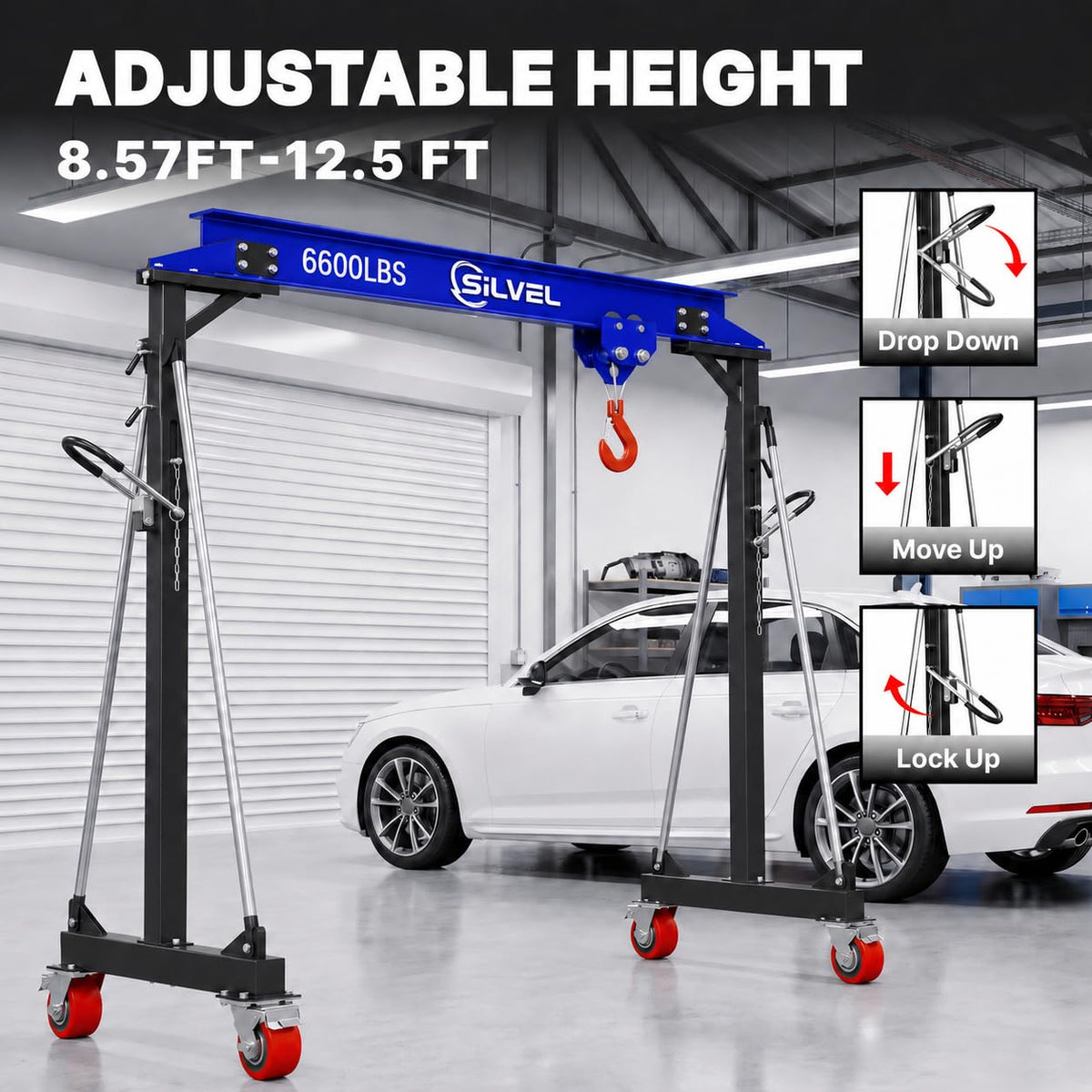 SILVEL 3 Ton Gantry Crane 6600LBS, Adjustable Height 8.53-12.47FT Heavy Duty Portable Engine Hoist with Steel I-Beam & Manual Trolley for Workshop, Garage, Warehouse,Red