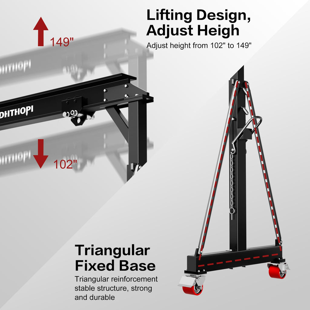 LDHTHOPI 3 Ton Gantry Crane, 6600LBS Adjustable Gantry Crane with 8.53-12.47ft Height, Shop Lift Hoist with Manual Trolley, Hook & Shackles for Warehouse, Factory,Auto Repair & Construction, Red