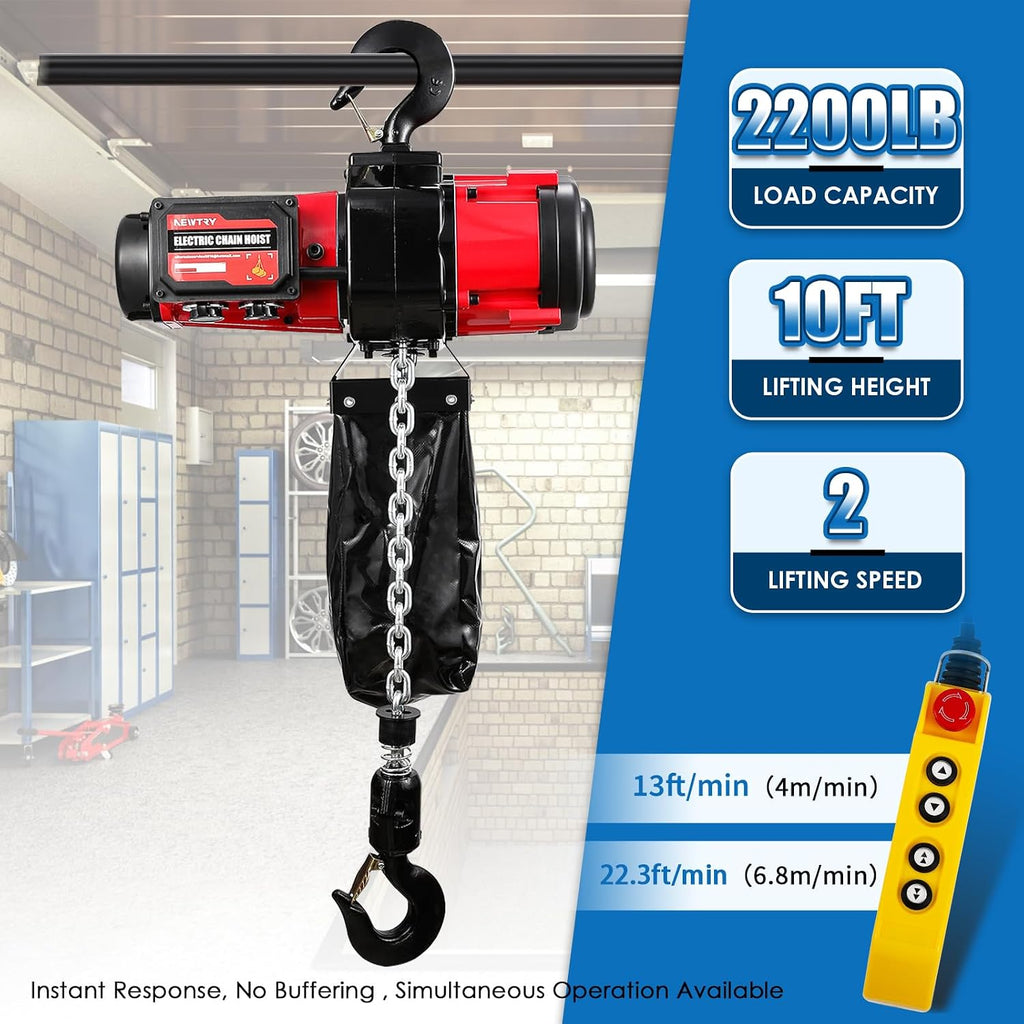 NEWTRY Electric Chain Hoist 2200lb, 2-Speed Wire & Wireless Control w/E-Stop