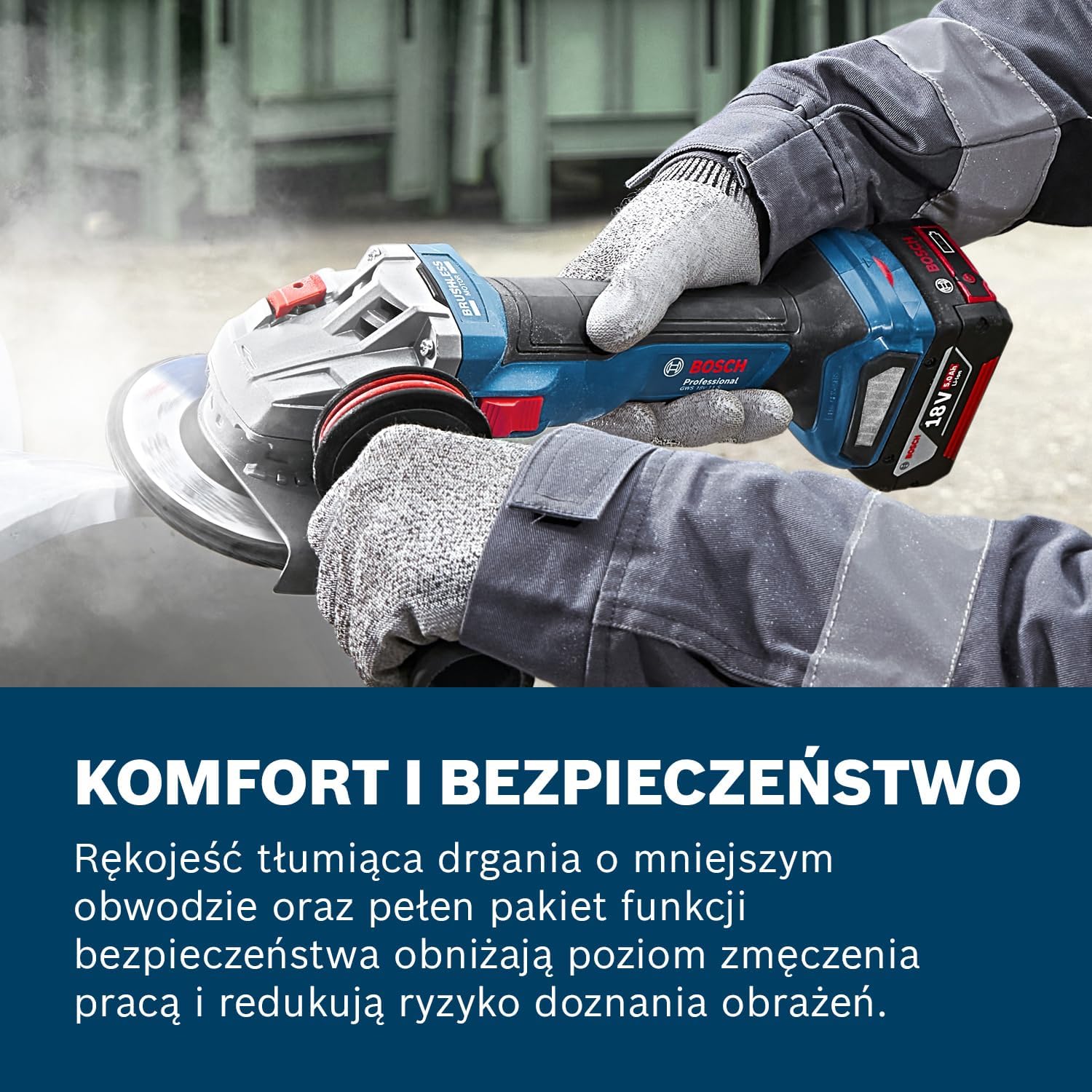 Bosch Professional 18 V firmy Bosch: akumulatorowa szlifierka kątowa GWS 18V-11 S (Ø tarczy 125 mm, 2x GBA 5.0Ah, ładowarka GAL 1880, walizka L-BOXX)