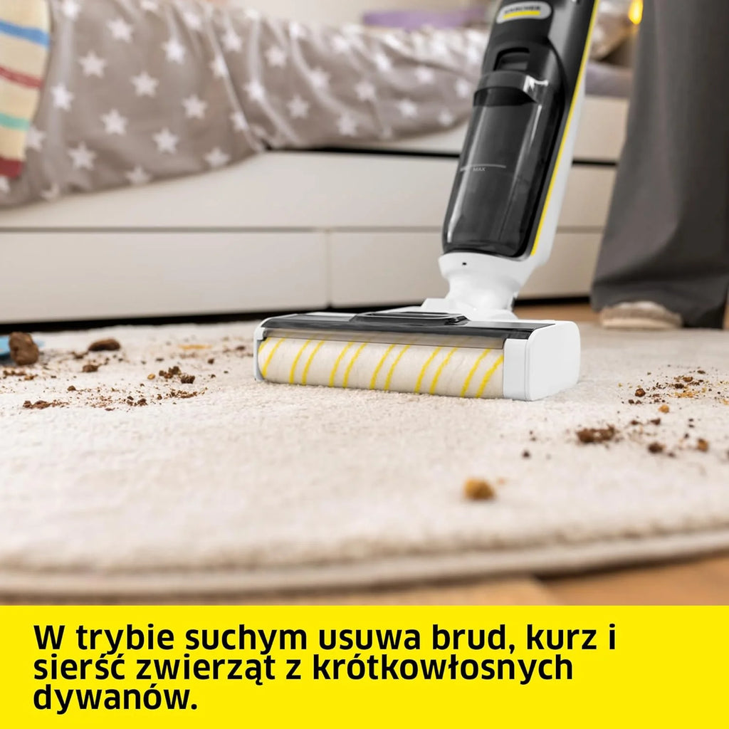 Kärcher bezprzewodowy mop odkurzający FCV 4 Dry Extra, 4 tryby czyszczenia, bateria: ok. 45 min, powierzchnia użytkowa na jedno ładowanie: ok. 200 m², stacja czyszcząca, ładująca i susząca