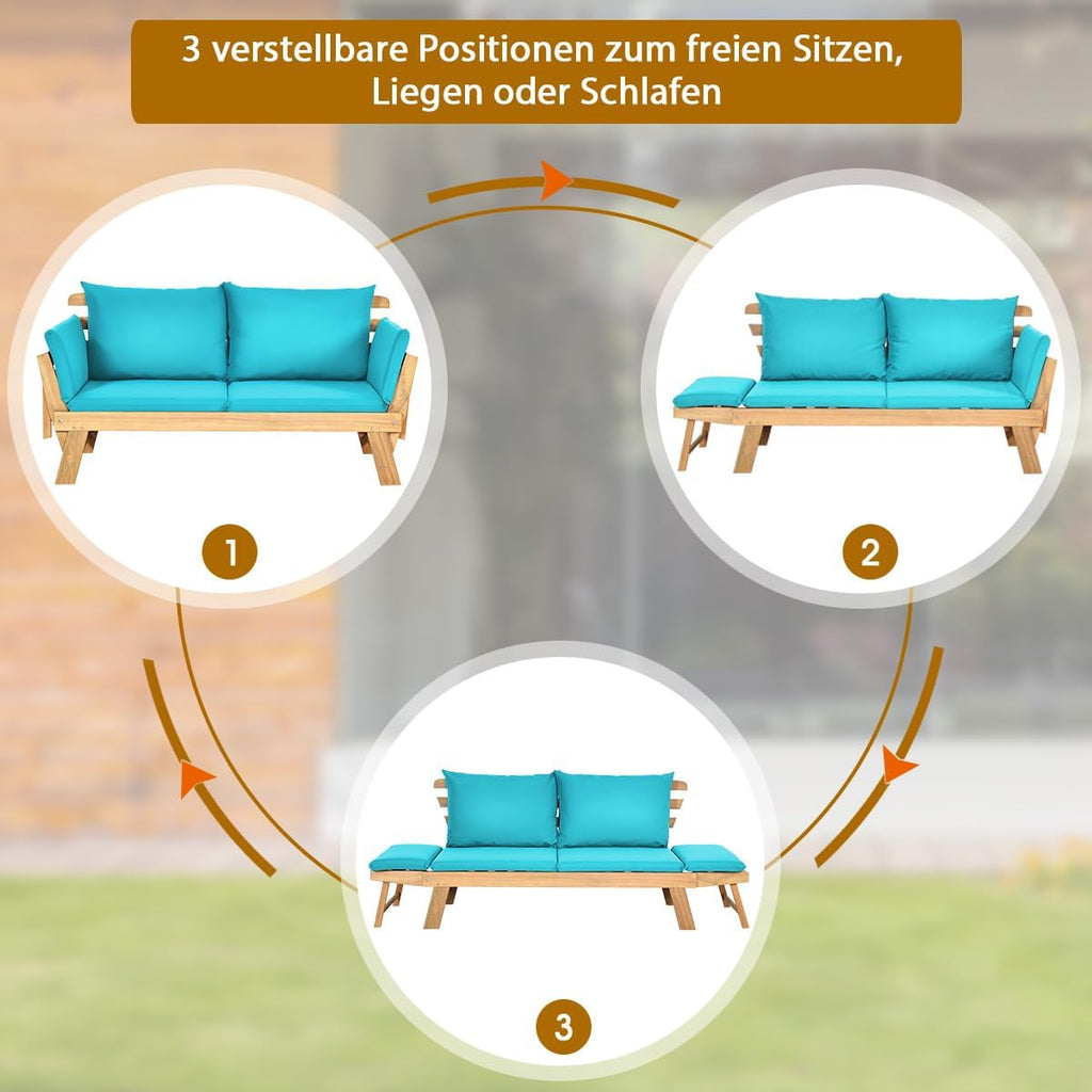 COSTWAY Ławka ogrodowa z funkcją leżenia, sofa ogrodowa z poduszkami i składanym podłokietnikiem, ławka balkonowa z drewna akacjowego, sofa balkonowa, sofa ogrodowa do ogrodu, na taras, balkon, 198 x