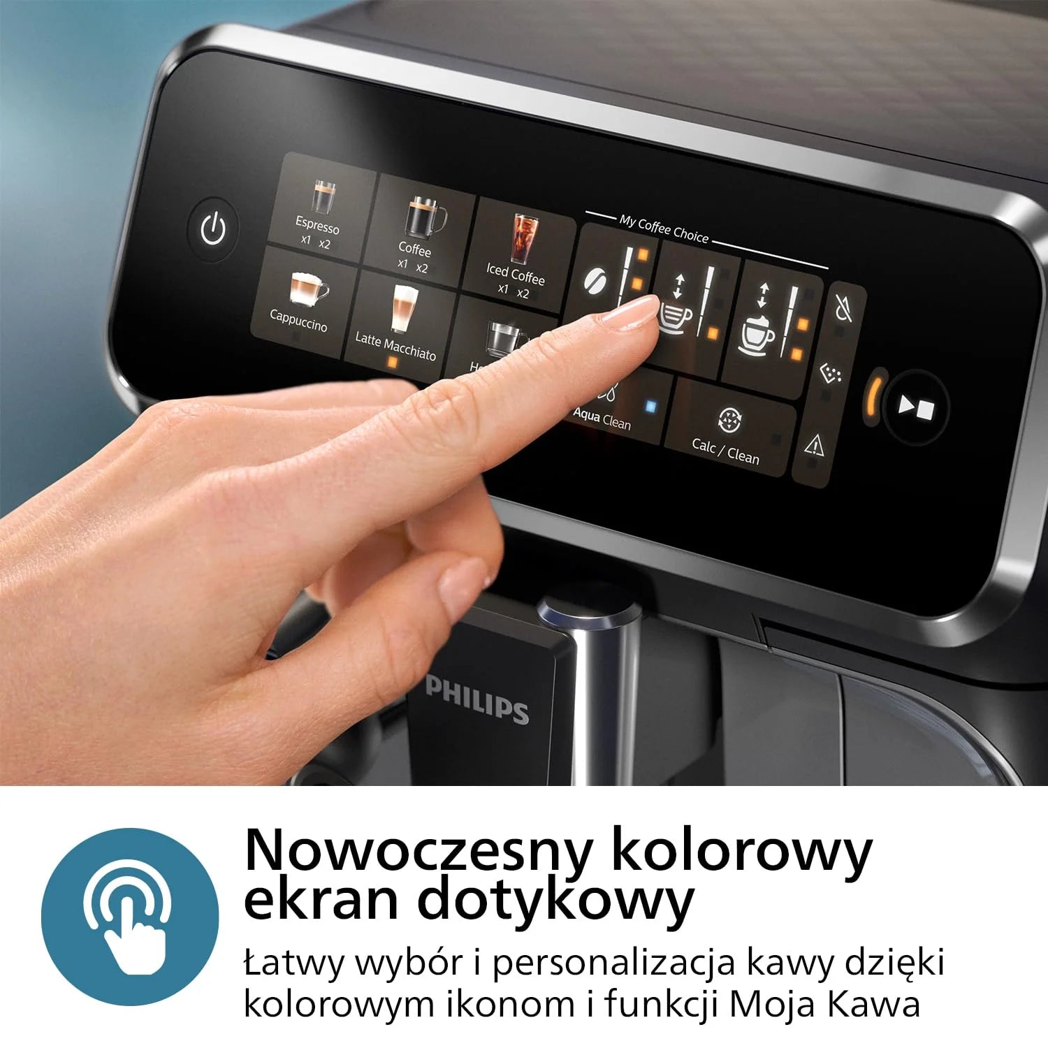 Philips Ekspres do kawy z serii 3300 w pełni zautomatyzowany - 6 napojów, Nowoczesny, Kolorowy ekran dotykowy, LatteGo, SilentBrew, Młynek w 100% ceramiczny, Filtr AquaClean, Czarny chrom (EP3347/90)