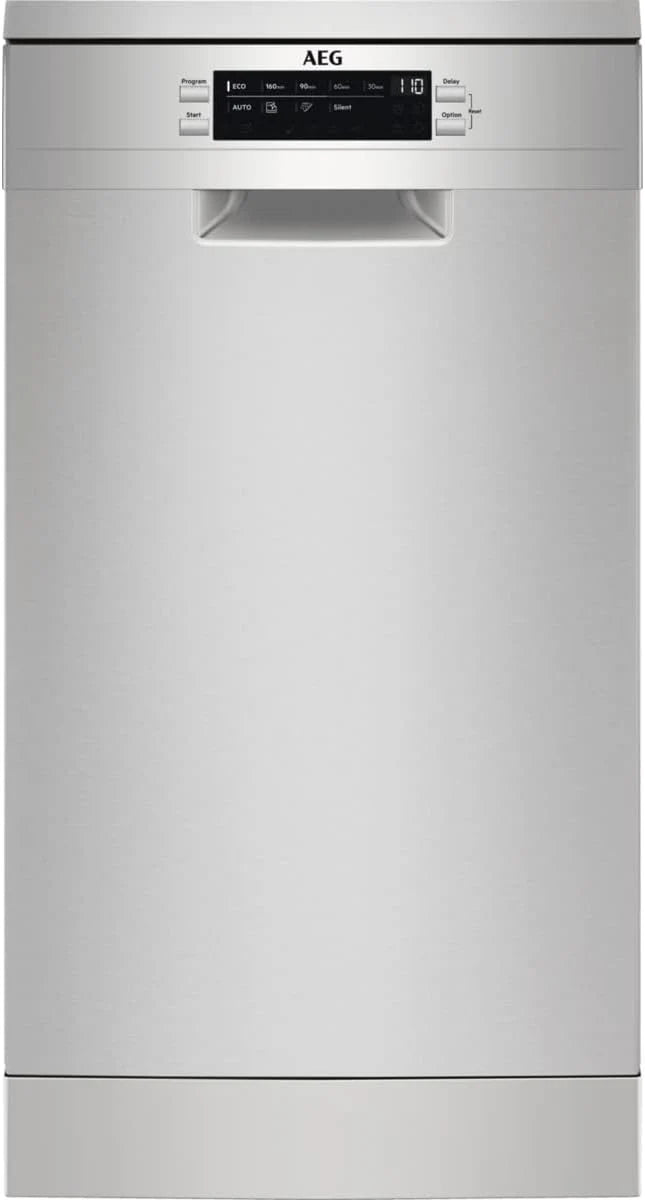 AEG FFB73517ZM Zmywarka AirDry, 10 sztućców, automatyczne odłączanie, 9 programów w 4 temperaturach, taca Maxiflex, funkcja ExtraHygiene, regulowany kosz, falownik, 48 dBA, Inox, 45 cm, klasa D