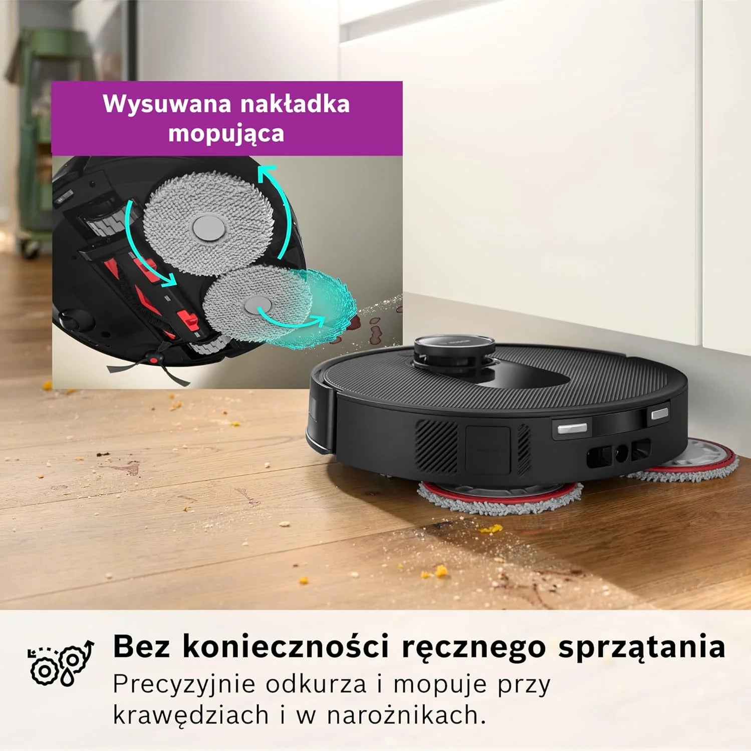 Bosch Spotless Max Robot sprzątający z funkcją mopowania, moc ssania 11 000 Pa, wysuwana nakładka mopującą, stacja czyszczącą, nawigacją Smart Vision, aplikacja Bosch Home Connect, BCRDW3B, czarny