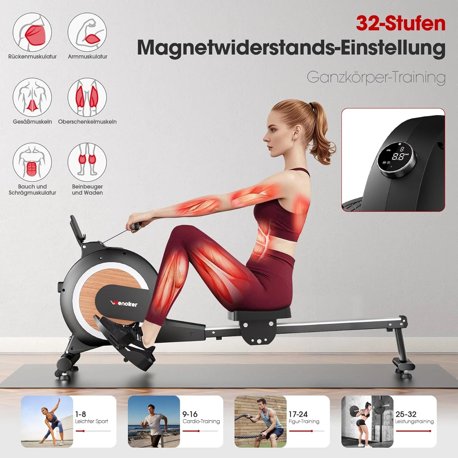 Wenoker Wioślarz do domu, magnetyczny wioślarz z aplikacją i wyświetlaczem LCD, 32 poziomy oporu, ciche urządzenie wioślarskie do treningu cardio, obciążenie 160 kg, możliwość przechowywania w pionie