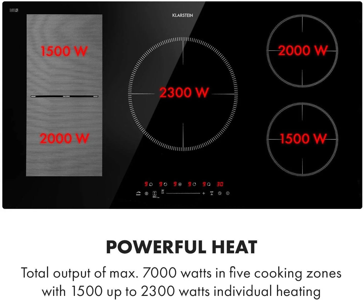 Klarstein Płyta indukcyjna, płyta kuchenna z ceramiki szklanej, 7000 W, płyta indukcyjna z 4 płytami, płyta indukcyjna do zabudowy z ekranem dotykowym i timerem, nowoczesne płyty grzewcze z