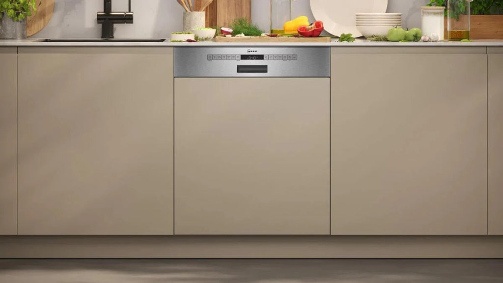 Neff S145EVS04E, N 50, inteligentna zmywarka do naczyń, częściowo zintegrowana, 60 cm, szuflada na sztućce, system koszowy Flex II, program ulubiony, silne czyszczenie Cehf 70ºC, automatyczne