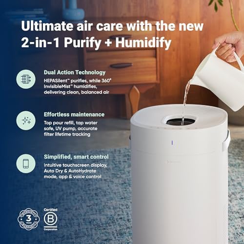 BLUEAIR Oczyszczacz i nawilżacz powietrza 2 w 1 z technologią HEPASilent i InvisibleMist 360, Top Pour pokrywa 79 m2 w 30 minut, idealnie zrównoważone powietrze, tylko jeden produkt